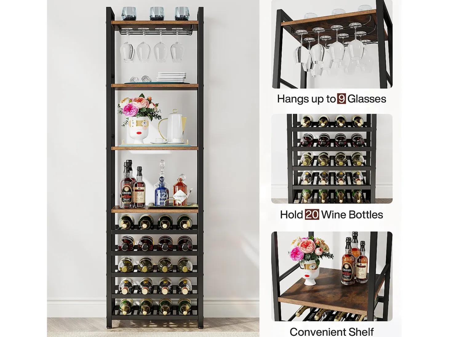 Estante de vinos autónoma de 9 niveles con soporte de vidrio y estantes de almacenamiento, Estante para botellas de vino, de color marrón rústico