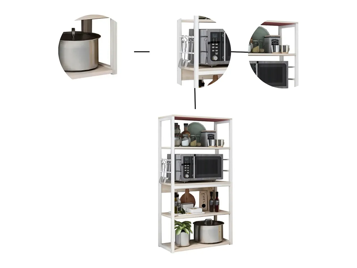 Estantería de Cocina, Unidad de Cocina Alta con estantes de Almacenamiento, Marco de Metal Blanco, Estante Industrial para microondas 50x30x130 Cm