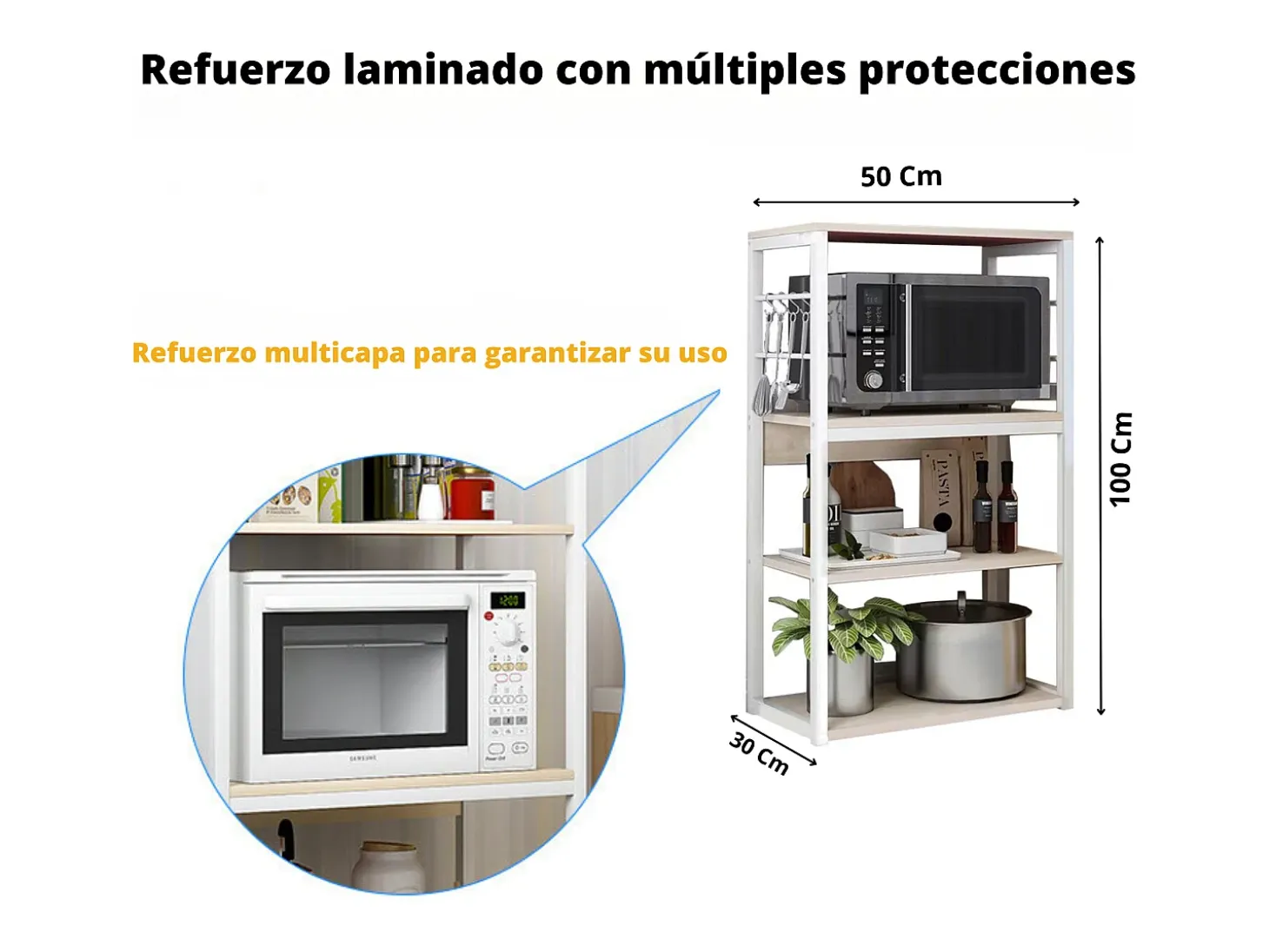 Estantería de Cocina Unidad de Cocina Alta con estantes de Almacenamiento, Marco de Metal Blanco, Estante Industrial para microondas 50x30x100 Cm, Col