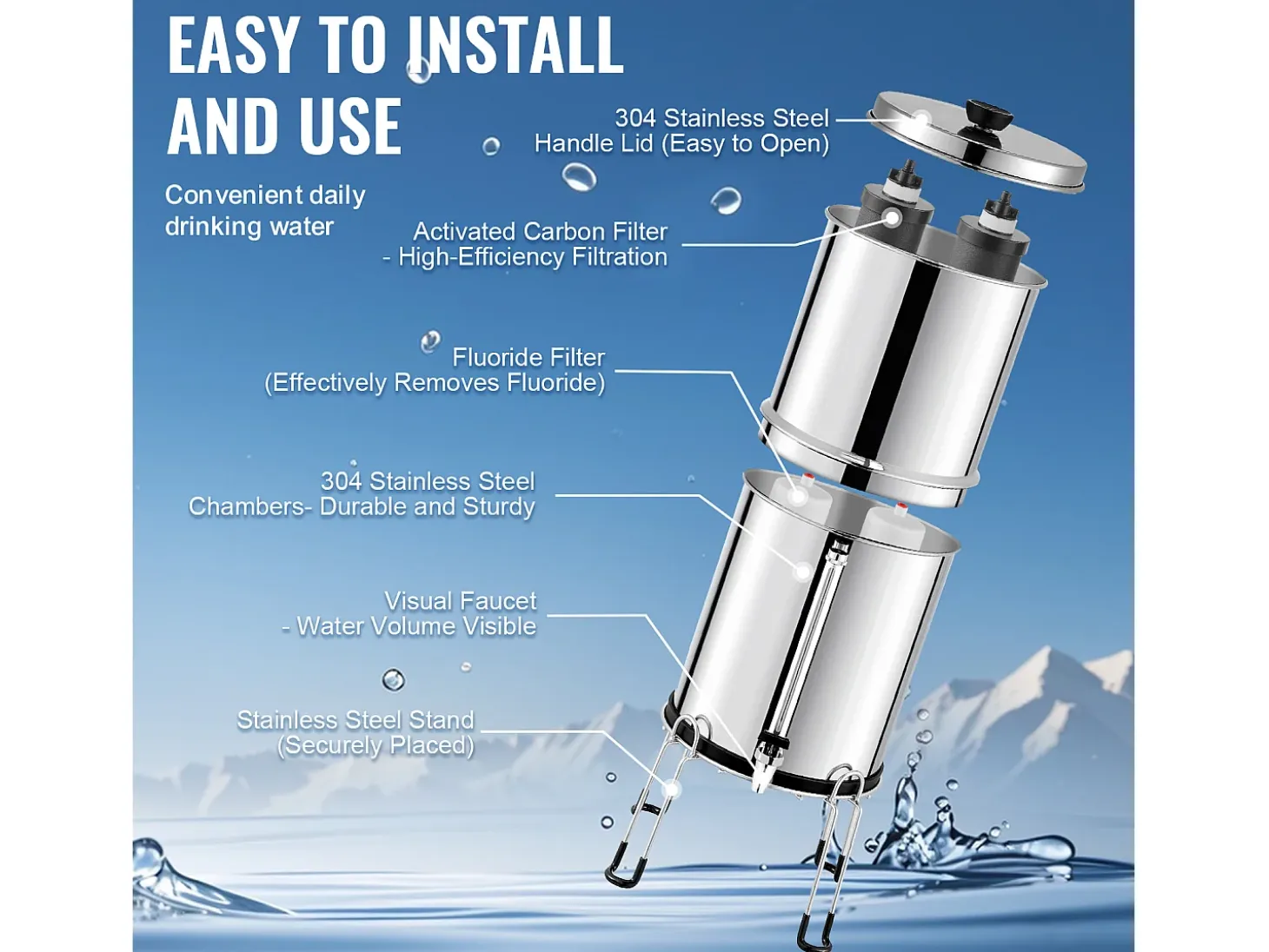 Filtro de Agua Alimentado por Gravedad SucceBuy, Sistema de Filtrado de Agua por Gravedad 7,5 L, 4 Filtros, en Acero Inoxidable
