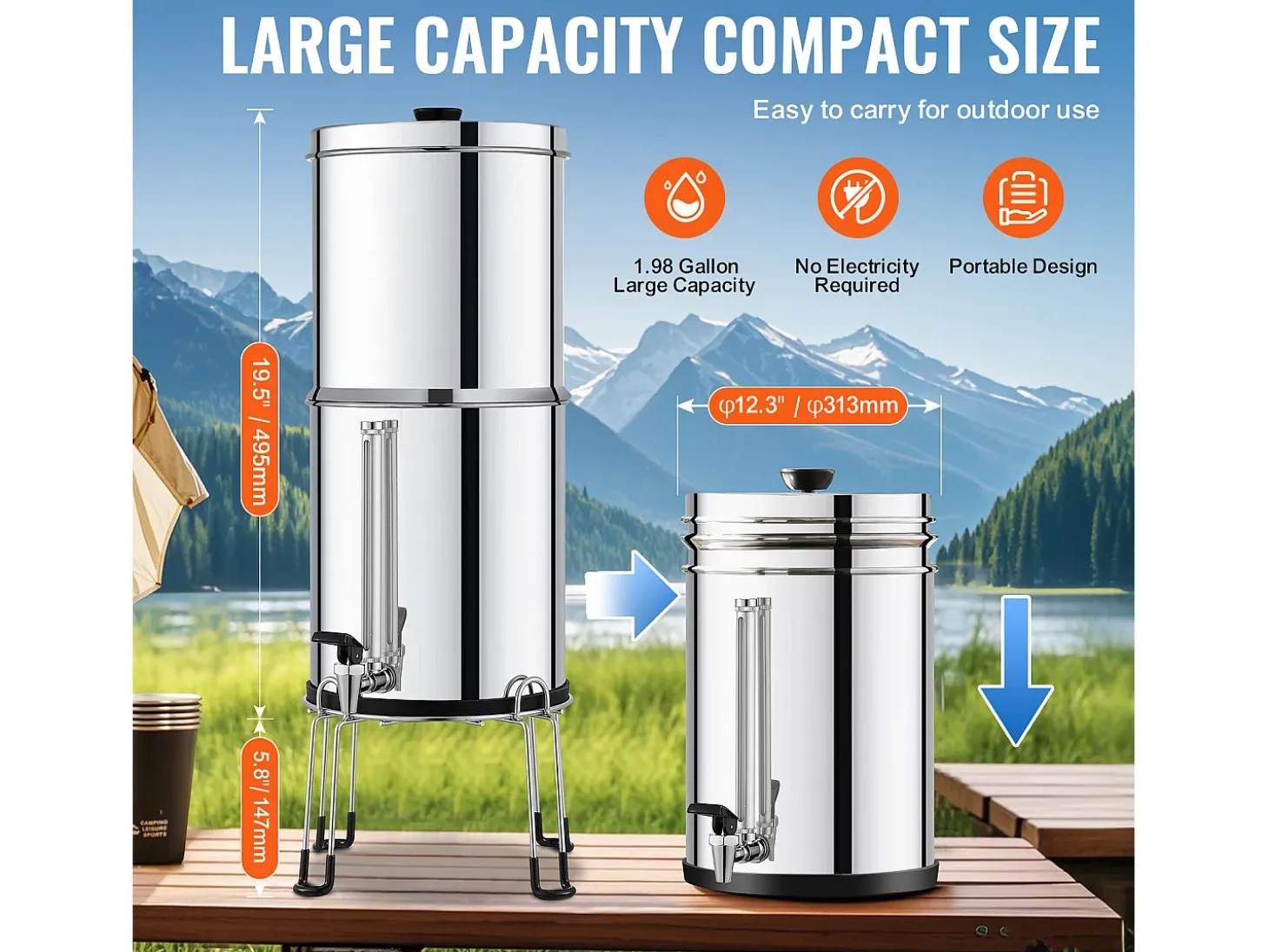 Filtro de Agua Alimentado por Gravedad SucceBuy, Sistema de Filtrado de Agua por Gravedad 7,5 L, 4 Filtros, en Acero Inoxidable
