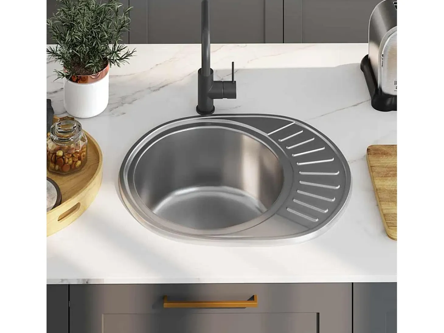 Fregadero de cocina con colador y sifón ovalado de acero inoxidable
