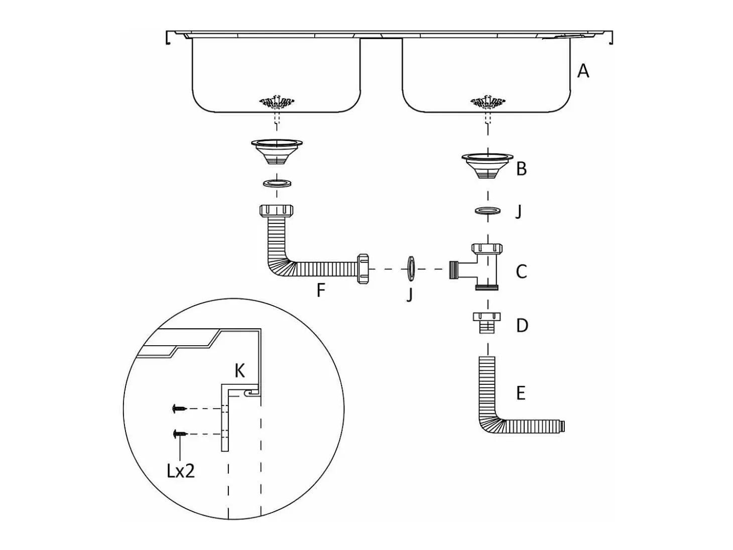 Fregadero de cocina de doble seno plateado de acero inoxidable de 800x500x155 mm.