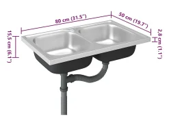Fregadero de cocina de doble seno plateado de acero inoxidable de 800x500x155 mm.