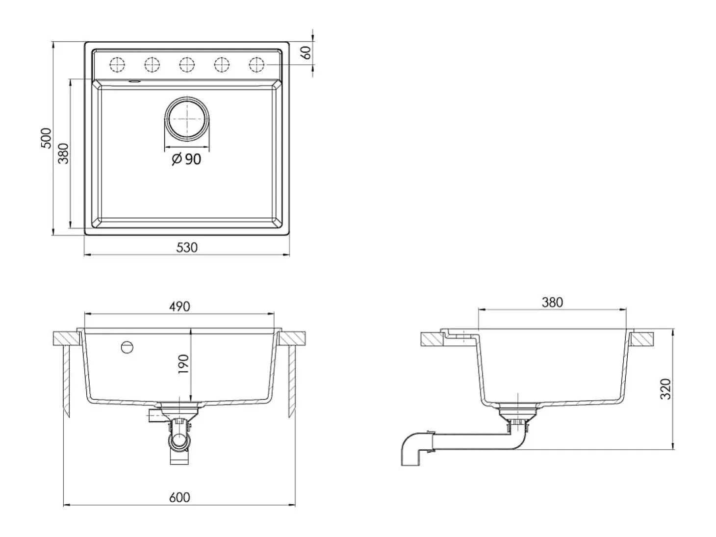 Fregadero de cocina de granito beige con orificio de rebose