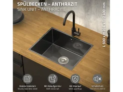 Fregadero de cocina de un seno 50x40cm antracita lavabo con desagüe y rebosadero