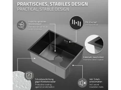 Fregadero de cocina de un seno 50x40cm antracita lavabo con desagüe y rebosadero