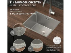 Fregadero de cocina de un seno 34x40 cm plateado lavabo con desagüe y rebosadero
