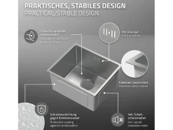Fregadero de cocina de un seno 34x40 cm plateado lavabo con desagüe y rebosadero