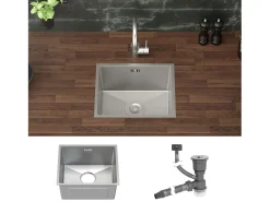 Fregadero de cocina de un seno 34x40 cm plateado lavabo con desagüe y rebosadero