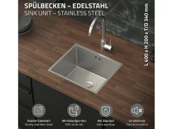Fregadero de cocina de un seno 34x40 cm plateado lavabo con desagüe y rebosadero