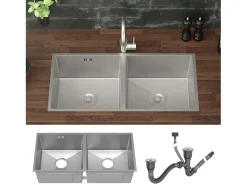 Fregadero de cocina doble 81,5x40cm lavabo plateado de acero con desagüe y sifón