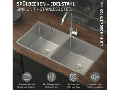 Fregadero de cocina doble 81,5x40cm lavabo plateado de acero con desagüe y sifón