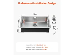 Fregadero de Cocina SucceBuy Fregadero de Cocina de 70 cm, de un Seno y Bajo Encimera, de Acero Inoxidable