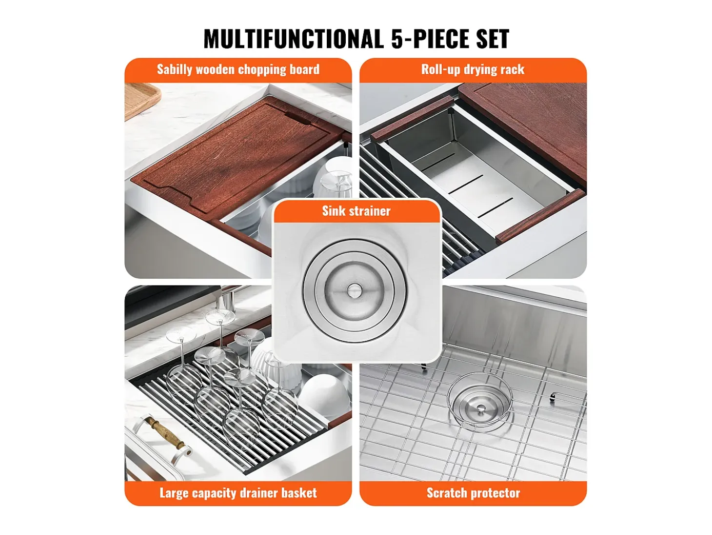 Fregadero de Cocina SucceBuy Estilo Rústico, de Acero Inoxidable 304, de un Solo Seno, 76 x 56 x 23 Cm