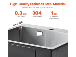 Fregadero de Cocina SucceBuy Fregadero de Cocina de 68CM con Montaje Superior, de un Solo Tazón y Bajo Encimera, de Acero Inoxidable.