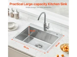Fregadero de Cocina SucceBuy Fregadero de Cocina de 68CM con Montaje Superior, de un Solo Tazón y Bajo Encimera, de Acero Inoxidable.