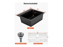 Fregadero de Cocina SucceBuy Moderno en Granito de 63,5 cm, Fregadero de Sobremesa de Cubeta Grande Simple, Cubeta Lavadora Empotrable con Múltiples Accesorios