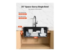 Fregadero de Cocina SucceBuy Moderno en Granito de 63,5 cm, Fregadero de Sobremesa de Cubeta Grande Simple, Cubeta Lavadora Empotrable con Múltiples Accesorios