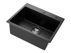 Fregadero de Cocina SucceBuy Moderno en Granito de 63,5 cm, Fregadero de Sobremesa de Cubeta Grande Simple, Cubeta Lavadora Empotrable con Múltiples Accesorios
