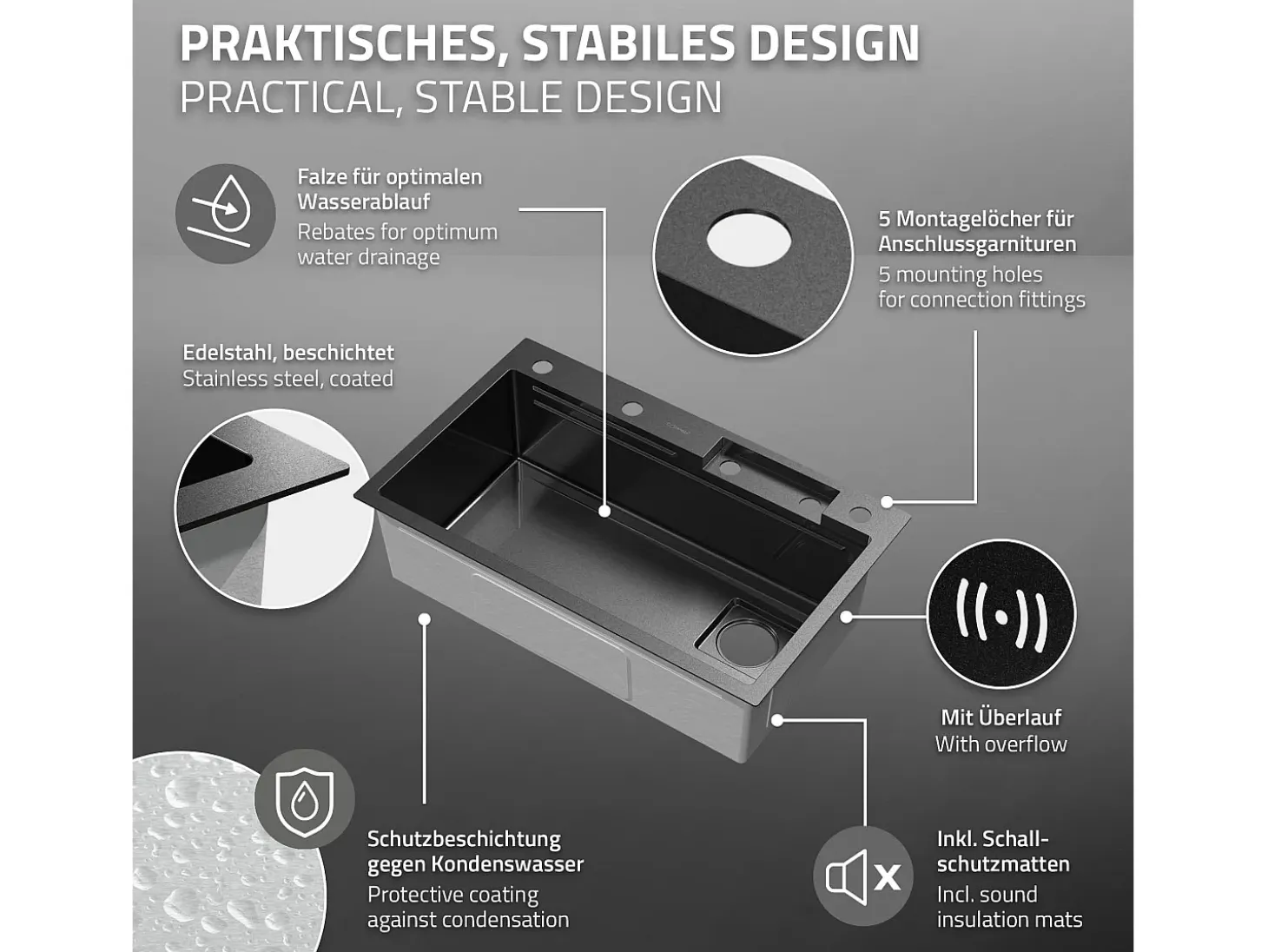 Fregadero de cocina 75x46 cm lavabo rectangular antracita acero con accesorios