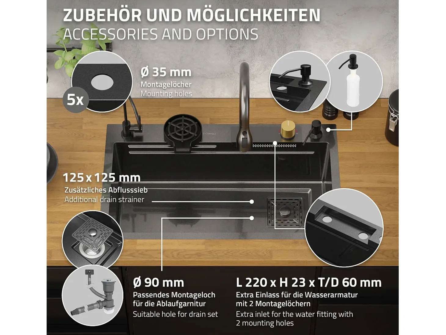 Fregadero de cocina 75x46 cm lavabo rectangular antracita acero con accesorios