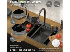 Fregadero de cocina 75x46 cm lavabo rectangular antracita acero con accesorios
