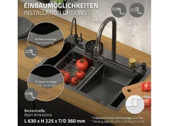 Fregadero de cocina 68x46 cm lavabo rectangular antracita acero con accesorios