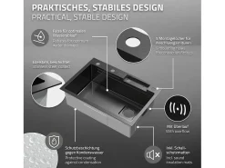 Fregadero de cocina 68x46 cm lavabo rectangular antracita acero con accesorios