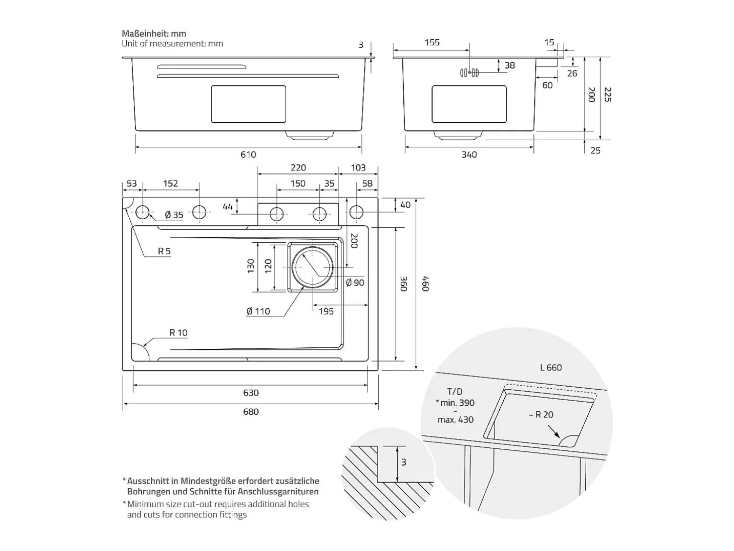 Fregadero de cocina 68x46 cm lavabo rectangular antracita acero con accesorios