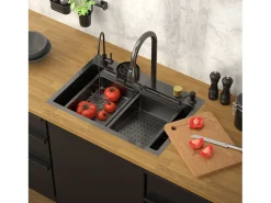Fregadero de cocina 68x46 cm lavabo rectangular antracita acero con accesorios