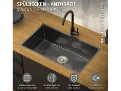 Fregadero XXL de cocina un seno 70x40cm antracita lavabo con desagüe/rebosadero