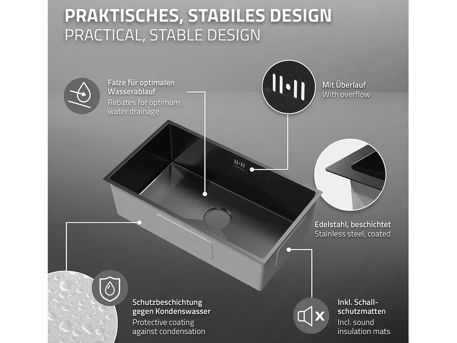 Fregadero XXL de cocina un seno 70x40cm antracita lavabo con desagüe/rebosadero
