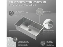 Fregadero XXL de cocina un seno 70x40cm plateado lavabo con desagüe y rebosadero