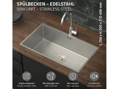 Fregadero XXL de cocina un seno 70x40cm plateado lavabo con desagüe y rebosadero