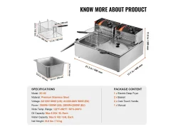 Freidora Eléctrica Comercial SucceBuy, Capacidad de 24 L, Freidora de Mostrador de Acero Inoxidable de 5 000 W con Dos Canastas Extraíbles