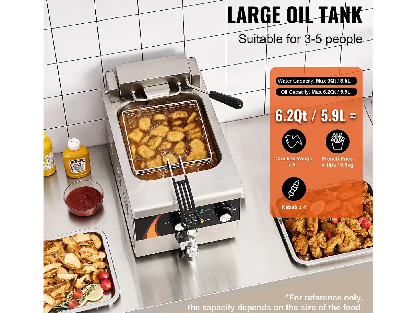 Freidora SucceBuy Comercial de Mostrador 8,5 L 1750 W, Diseñada para Uso Intensivo en Establecimientos de Comida Rápida
