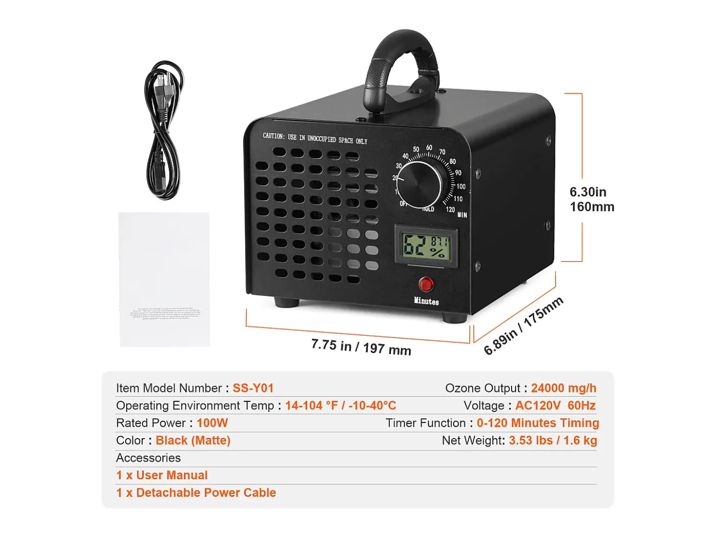Generador de Ozono SucceBuy, Máquina de Ozono de 24000 mg/h con Cronómetro de 0 a 120 Minutos