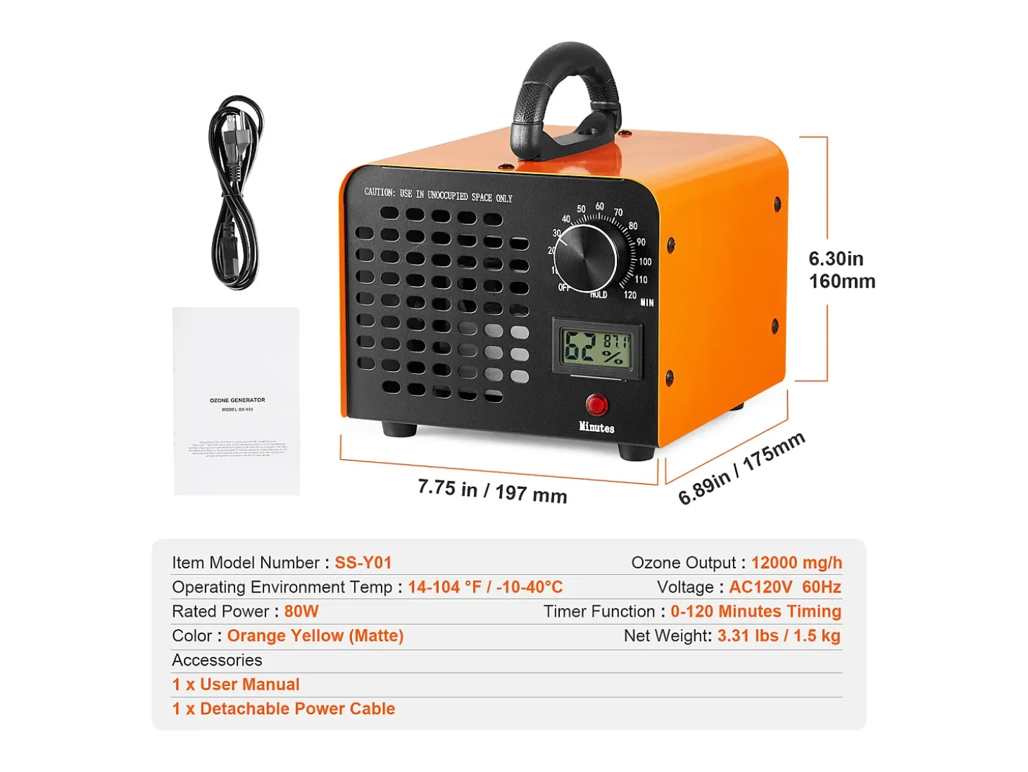 Generador de Ozono SucceBuy de 12 000 mg/h, Eliminador de Olores con Temporizador de 0 a 120 Minutos