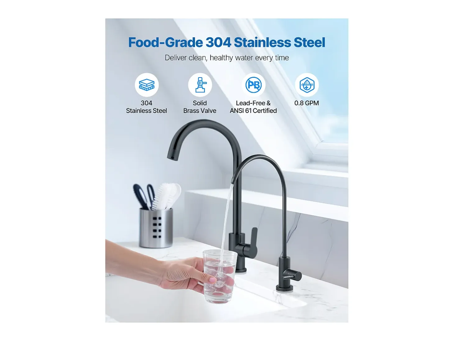 Grifo de Agua Potable SucceBuy sin Plomo en Acero Inoxidable, Grifo de Ósmosis Inversa con Válvula en Latón Macizo, Filtrado de Arco Alto, Giratorio 360°