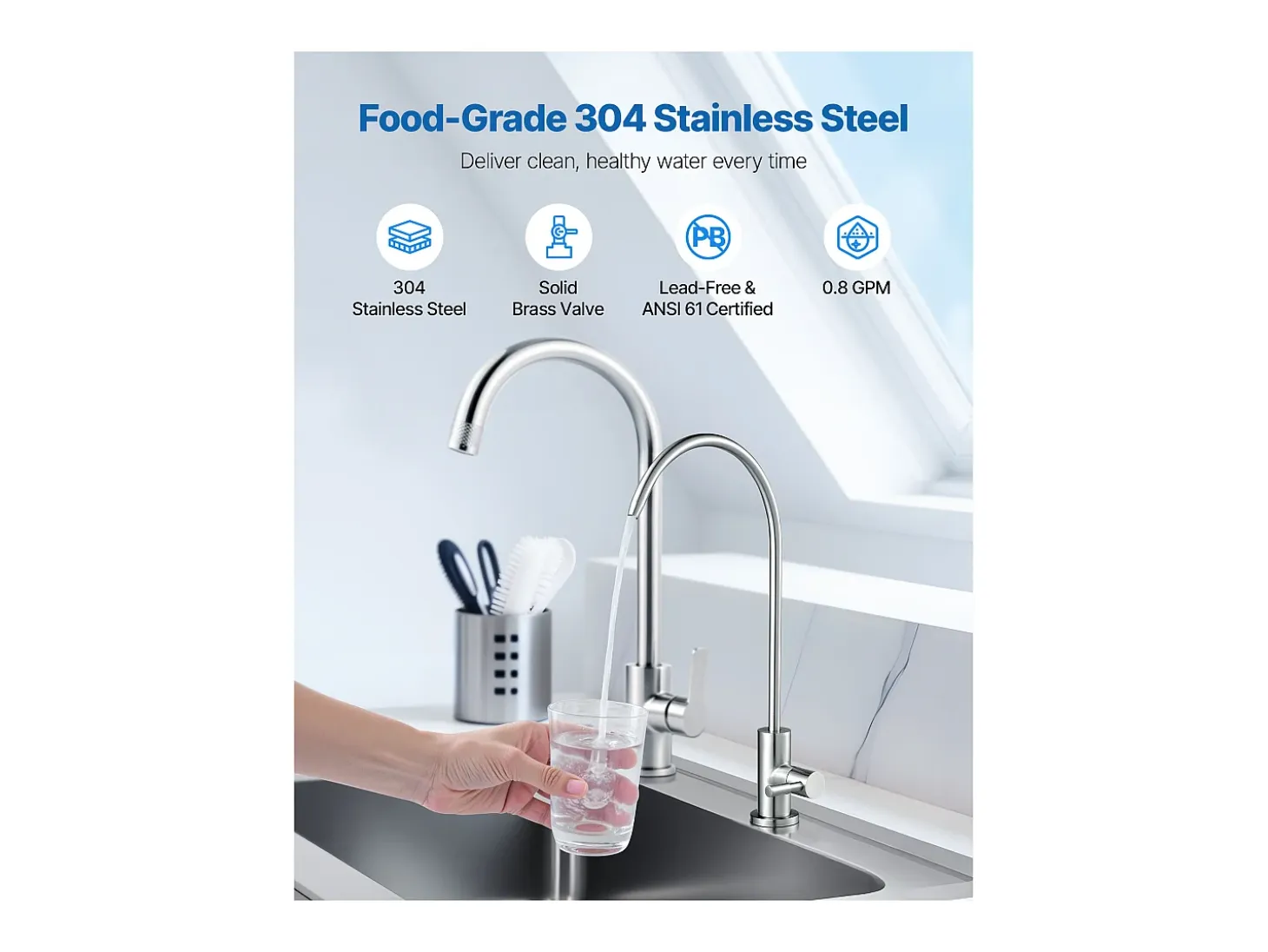 Grifo de Agua Potable SucceBuy sin Plomo en Acero Inoxidable, Grifo de Ósmosis Inversa con Válvula en Latón Macizo, Filtrado de Arco Alto, para Fregadero Cocina