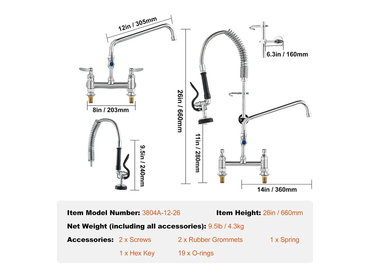 Grifo de Cocina, SucceBuy Grifo de Fregadero de Cocina Comercial con Rociador de Prelavado, 66 cm de Altura