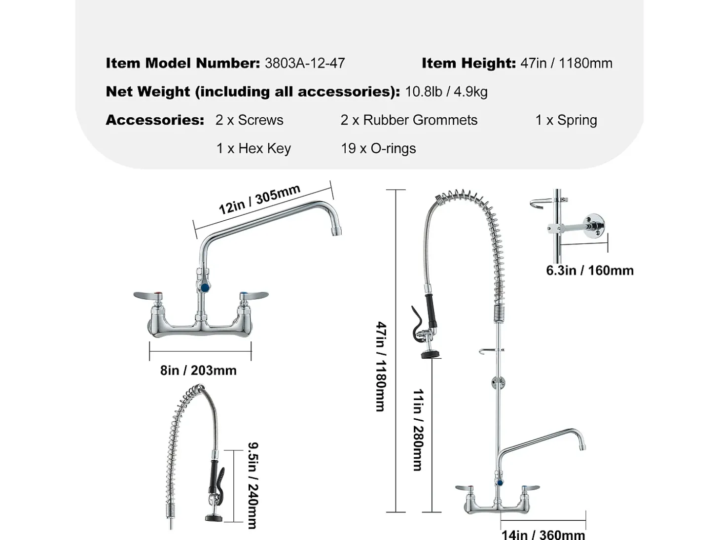 Grifo de Cocina, SucceBuy Grifo de Fregadero de Cocina de Montaje en Pared con Rociador de Prelavado, 120 cm de Altura