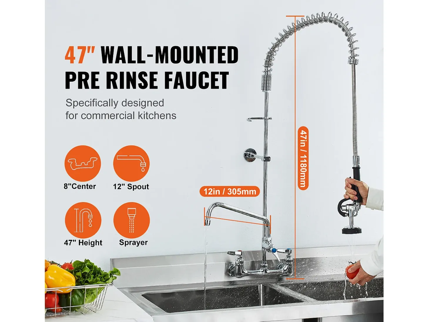 Grifo de Cocina, SucceBuy Grifo de Fregadero de Cocina de Montaje en Pared con Rociador de Prelavado, 120 cm de Altura