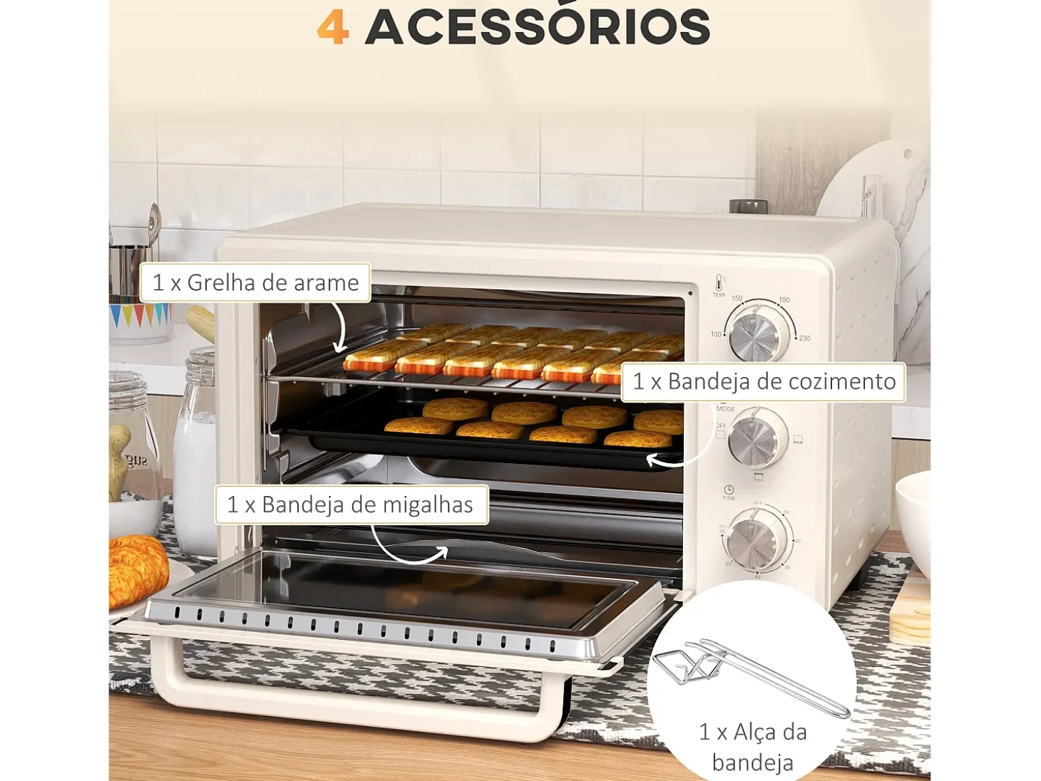 Horno de sobremesa Alec Homcom 1400W 21L 3 modos + temporizador crema 46 cm