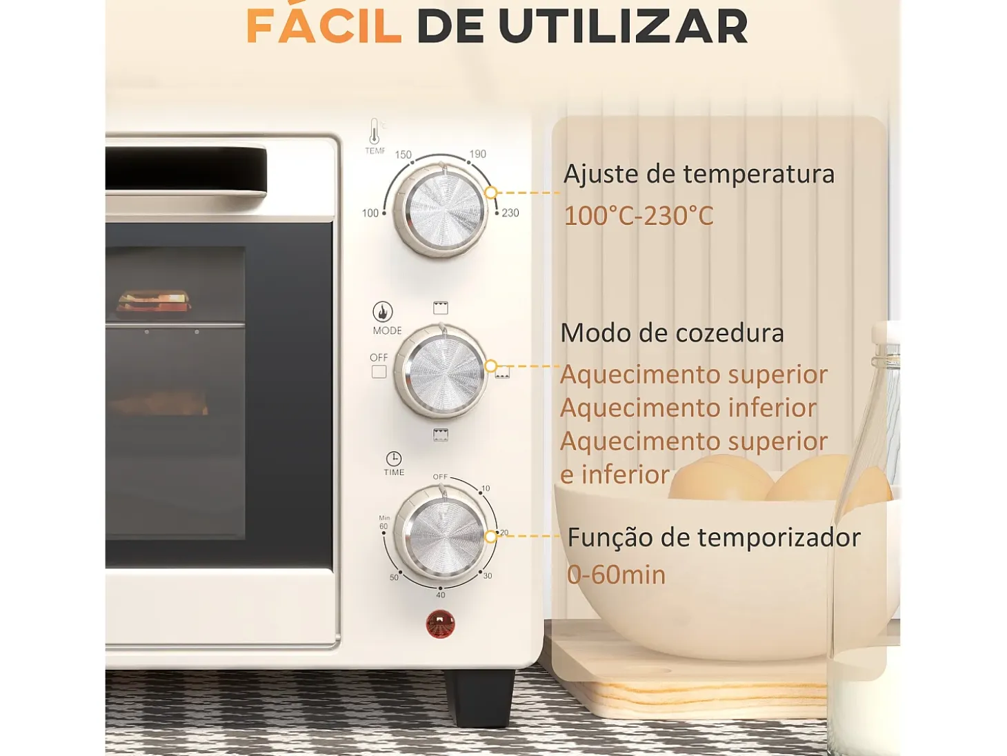 Horno de sobremesa Alec Homcom 1400W 21L 3 modos + temporizador crema 46 cm
