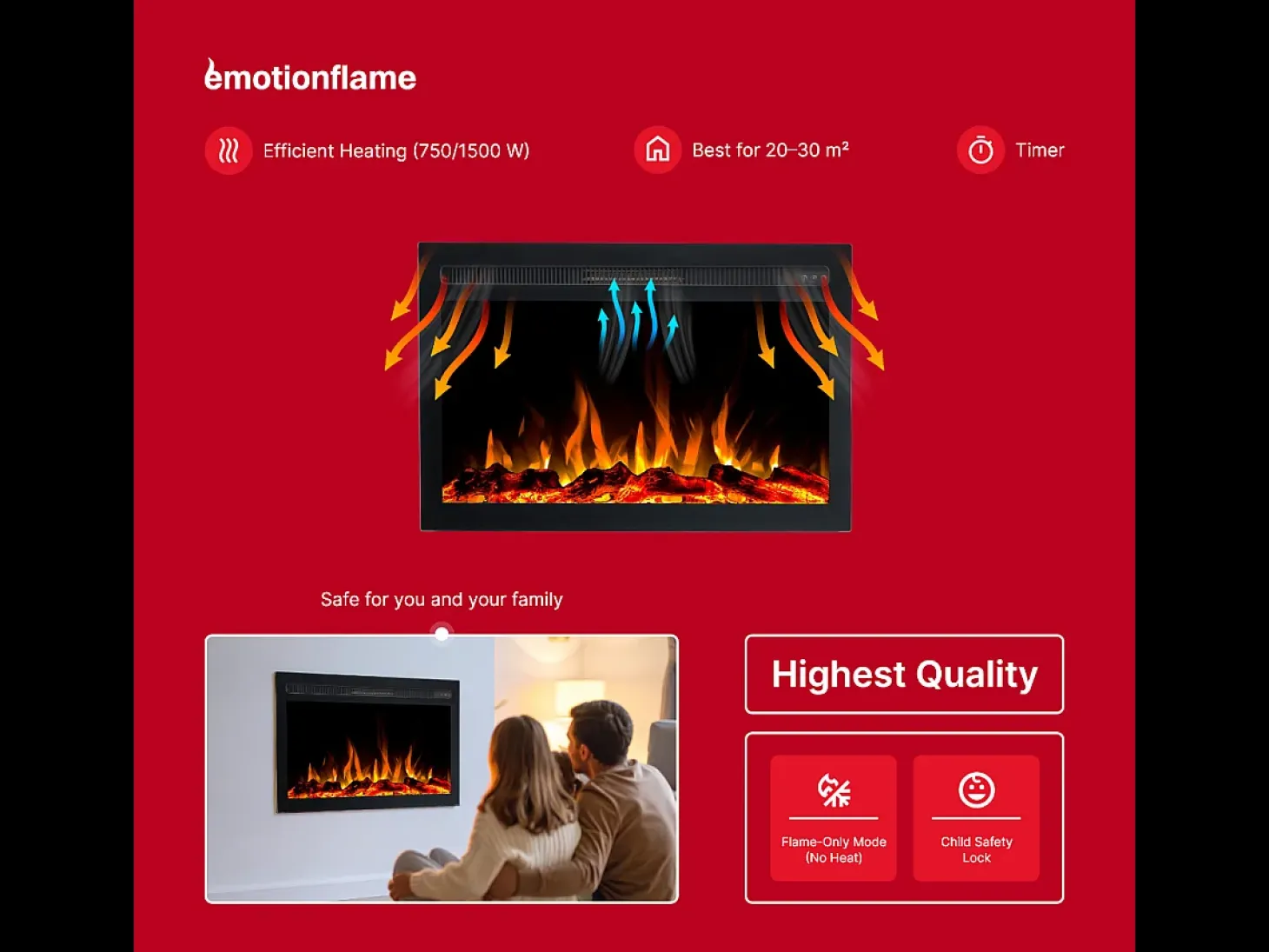 Insert eléctrico INFINITY para chimenea eléctrica - fuego premium - empotrada - 76x14x50 cm - chimenea LED con calefacción 750/1500 W