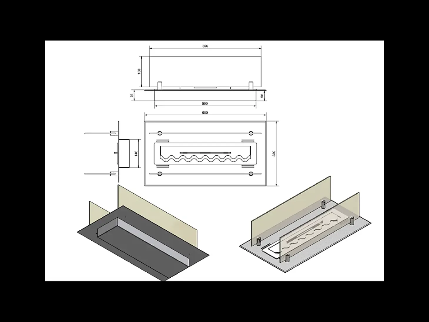 Inserto/Soporte para Quemador de Bioetanol de 60cm en Acero Inoxidable con Cristal Incluido