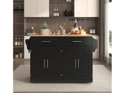 Isla central - 120 x 46 (70) x 91 cm - tablero plegable + ruedas Patas intercambiables - MDF - Negro