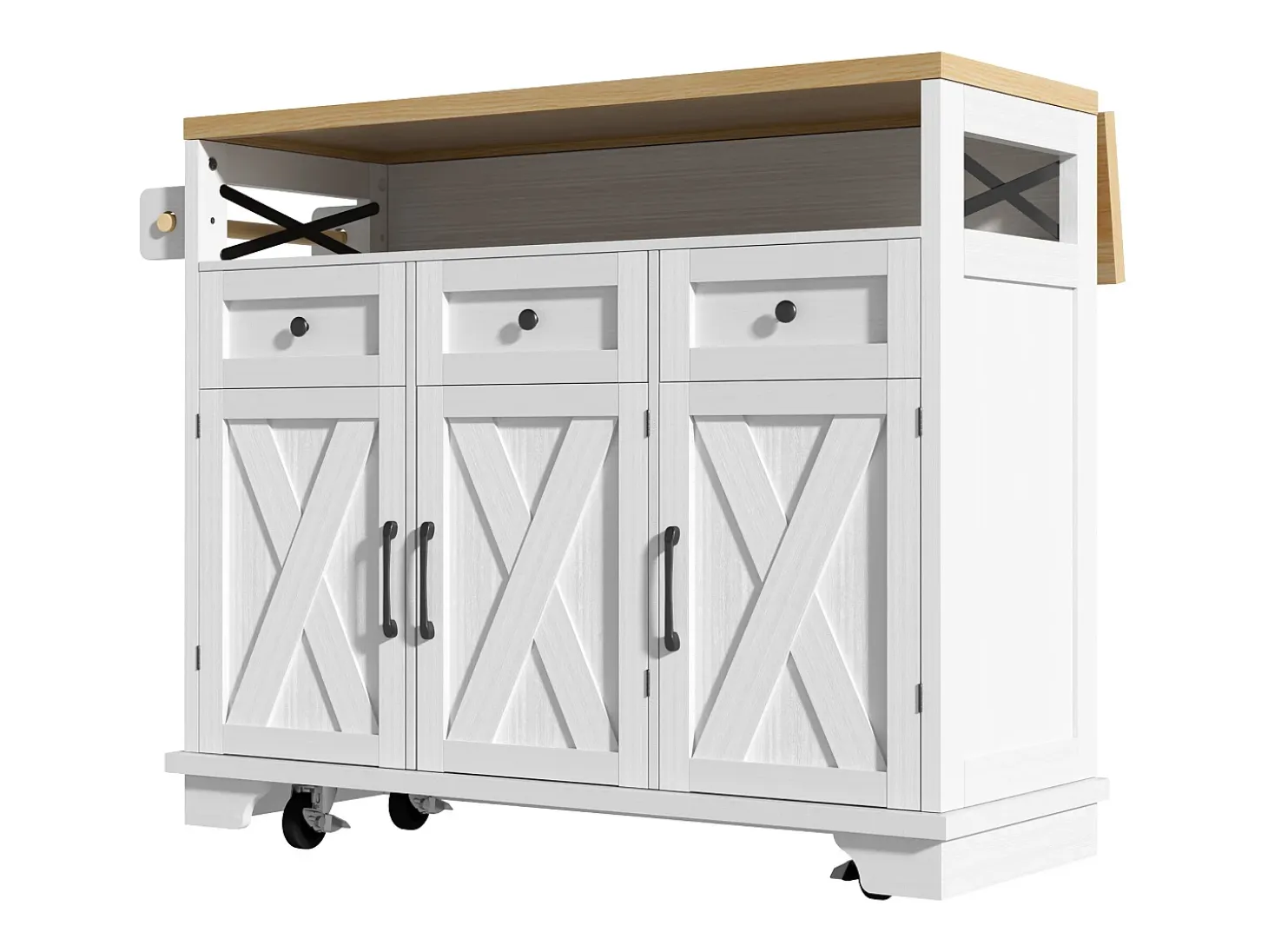 Isla central blanca con encimera efecto madera, 3 cajones de almacenamiento y 3 puertas